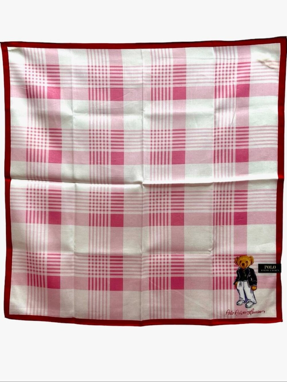 Polo Ralph Lauren Handkerchief /Mini Scarf 19" pink white check with bear(84) - Picture 4 of 14